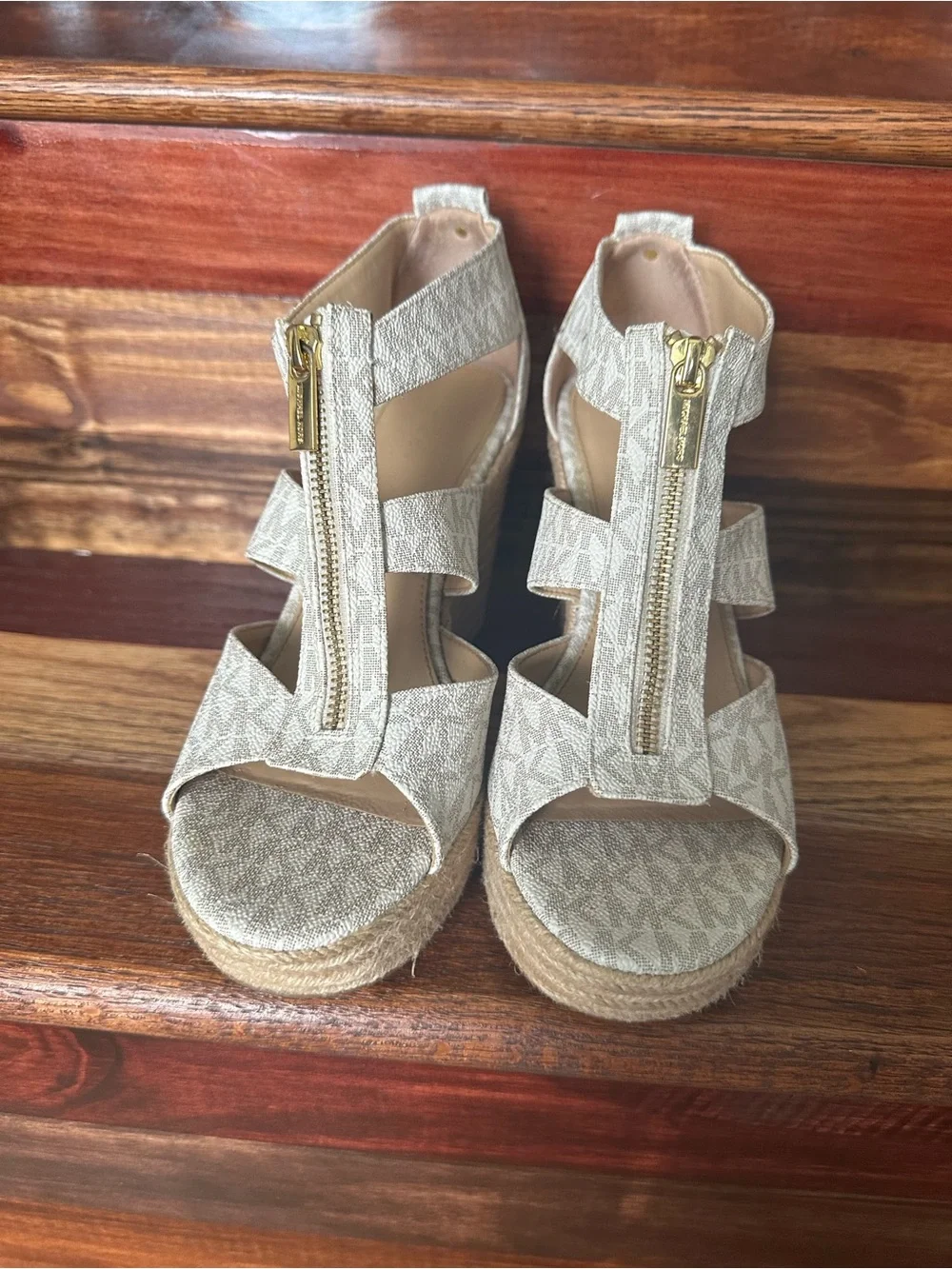 Michael Kors Beige Logo Espadrille Wedge Sandals with Gold Zip Accent